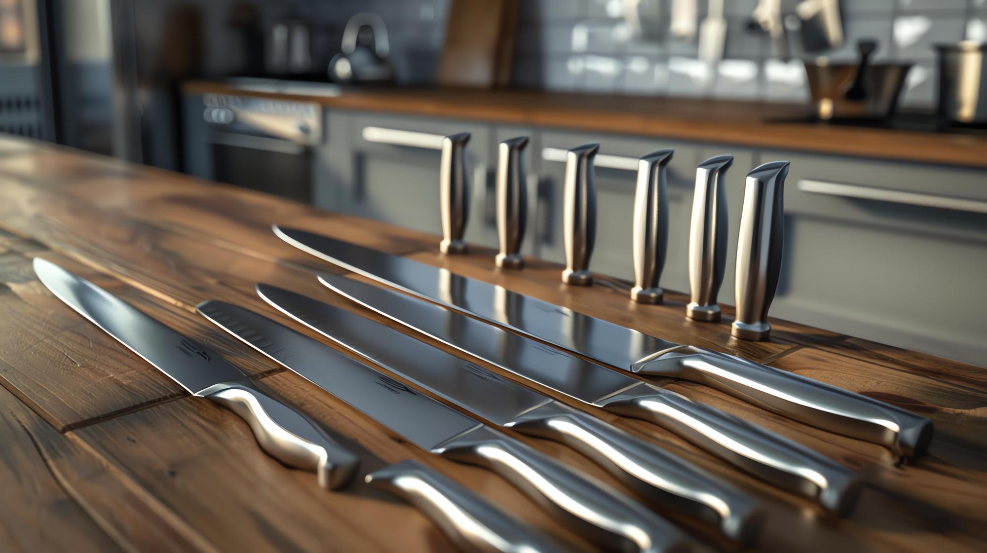 Studio kitchen with stainless surface and knives laid out