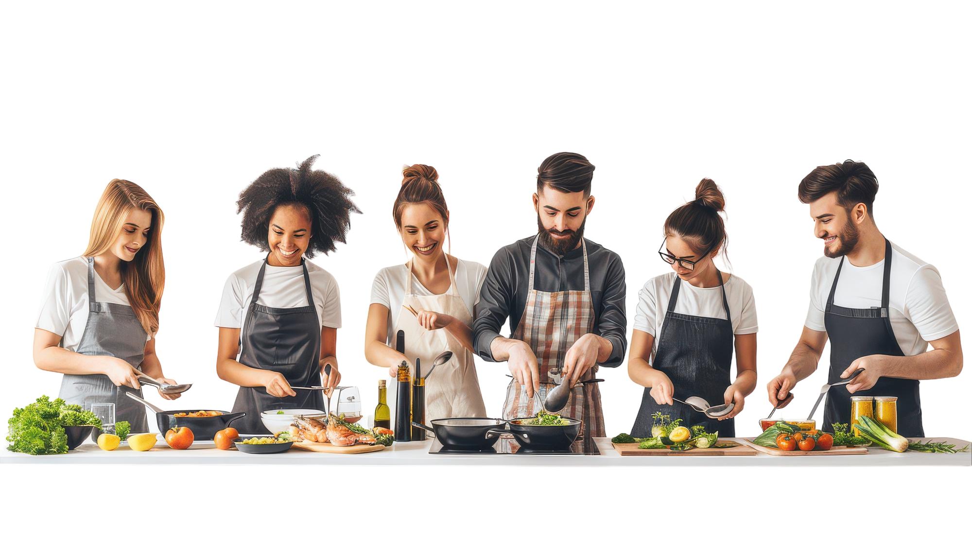 Students working around a chef in class